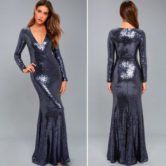 Lulus Dresses & Skirts - Lulus Capture the Moon Navy Blue Long Sleeve Sequin Maxi Dress size Medium